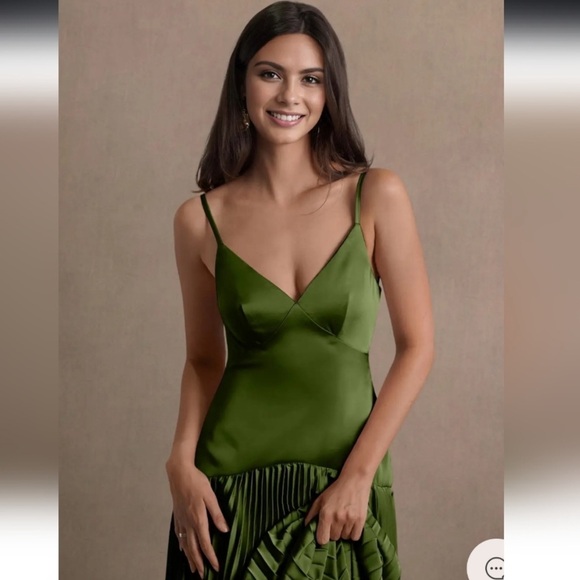 Azazie Jill Olive Green Dropped Waist Gown - Picture 3 of 8